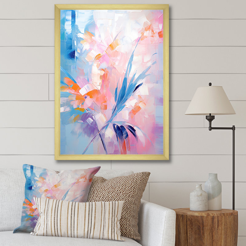 Plantes tropicales roses et pastel 1 - Art mural floral abstrait, Cadre doré simple, H 20 po x l 12 po x P 1 po