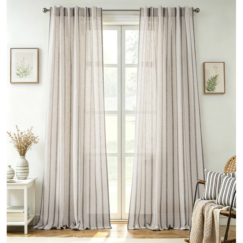 Farmhouse Striped Linen Blend Textured Light Filtering Semi Sheer Rod Pocket Back Tab Curtains, 52" W x 108" L, Black