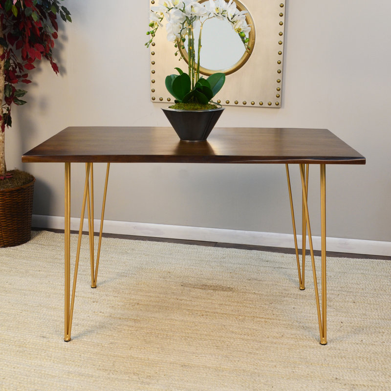 Acacia Solid Wood Top Metal Base Dining Table, Gold, Elm, 76.2cm H x 121.92cm L x 76.2cm W