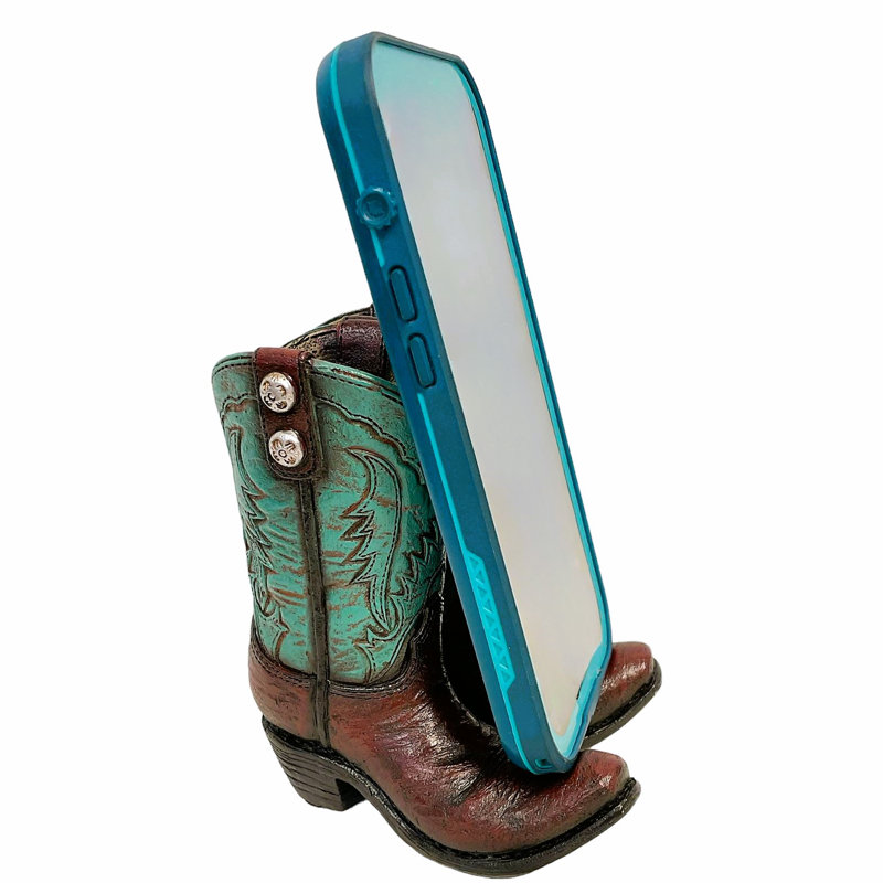 Resin Cowboy Boot Cell Phone Stand Rustic Western Decorative Desk or Tabletop Holder