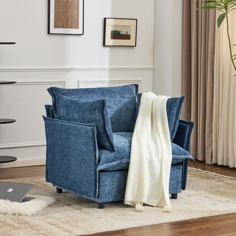 Chenille Upholstered Skirted Arm Chair Accent Chair  With Thin Arms For Living Room, Sea Blue