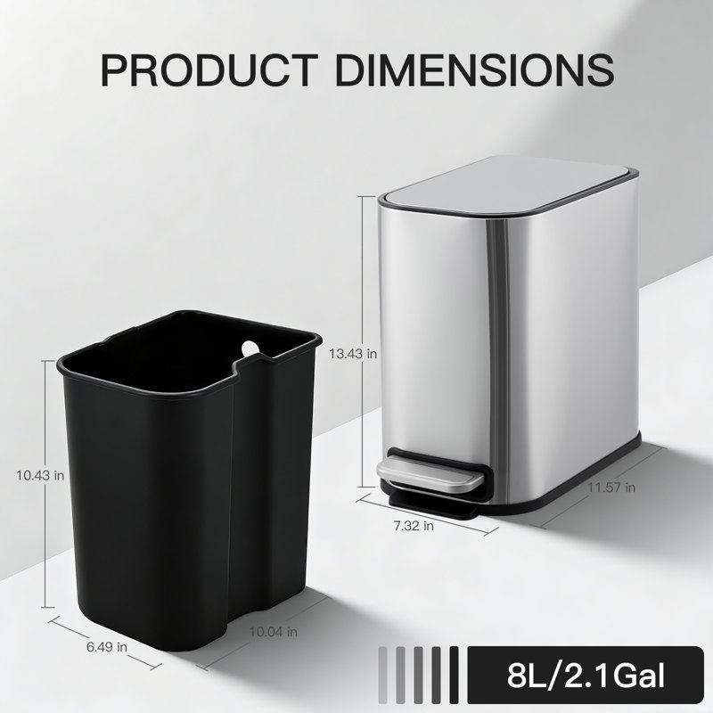 Poubelle de salle de bain avec couvercle à fermeture douce, petite poubelle de cuisine en acier inoxydable de 2 gallons avec seau intérieur amovible, argent