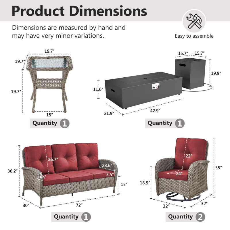 Esquer 5-Pieces Outdoor Wicker Patio Conversation Furniture Set With Rocking & Swivel Chairs And Rectangular Fire Pit Table