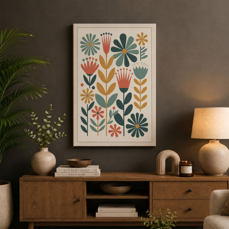 Geometric Botanical Array Mid-Century - Wrapped Canvas, 30x20 - 76.2 x 50.8 cm, Sage Border