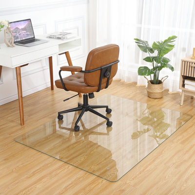 Tapis de chaise en verre trempé robuste de 55 po x 46 po pour chaises de bureau, protecteur de plancher transparent, antidérapant, supportant 1000 lb de bois franc pour tapis