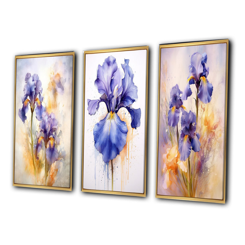 «Mauve jaune impression d'iris», 3 pièces sur toile, H 32 po x l 48 po, Cadre flottant doré