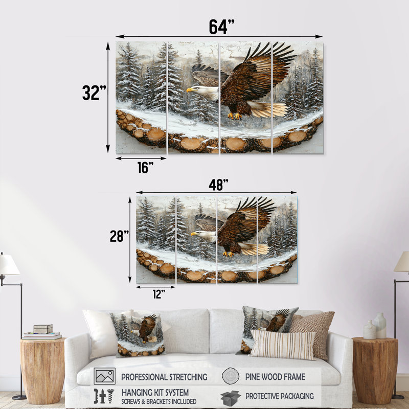 Aigle, esprit du vent dans la forêt hivernale IV - Art mural animal aigle - ensemble d'art mural moderne, H 32 po x l 64 po