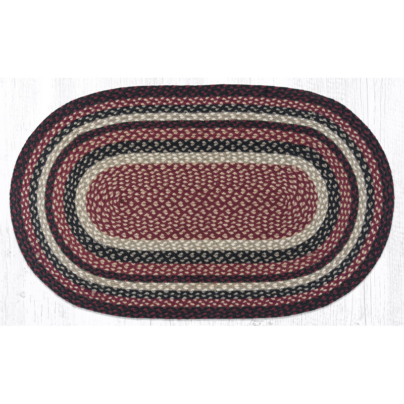 Contemporary Burgundy/Black/Tan Braided Oval Jute Rug 27"x45"