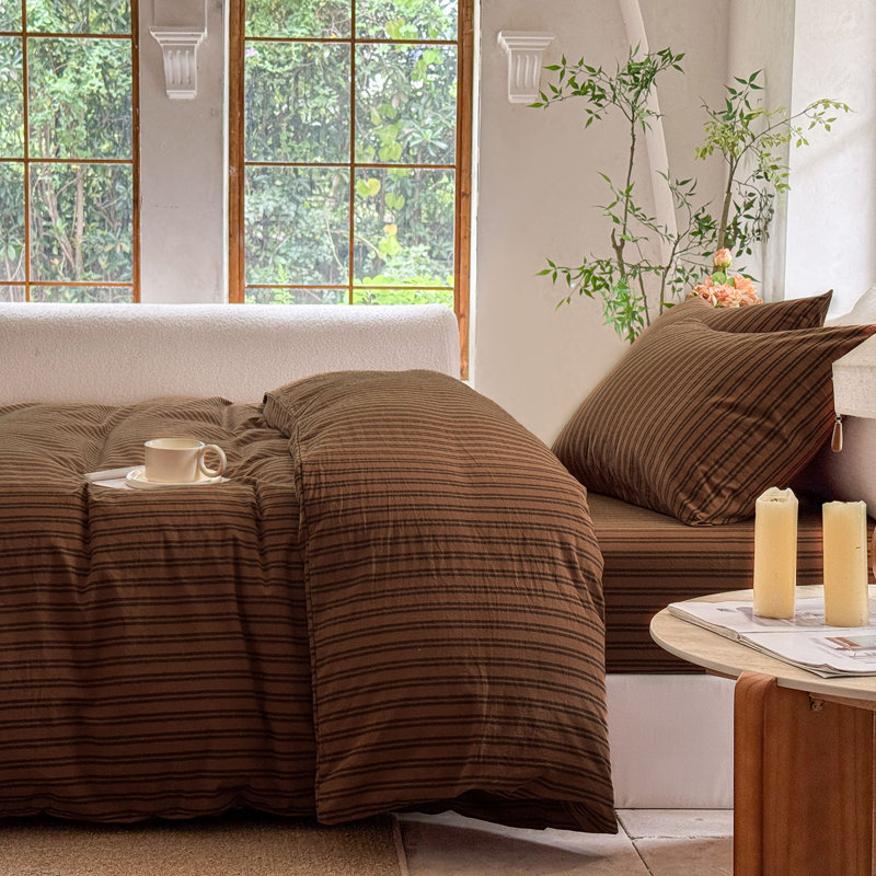 Ensemble de housse de couette rayé 100% coton délavé DONEUS, Housse de couette pour très grand lit et 2 taies