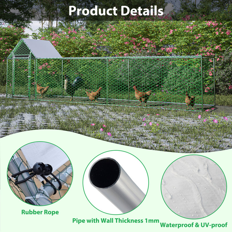 Elske Metal Chicken Run Coop, Walk-in Cage with Waterproof & Anti-UV Cover Lockable Door Design, 59.6" H x 196" W x 42.2" D