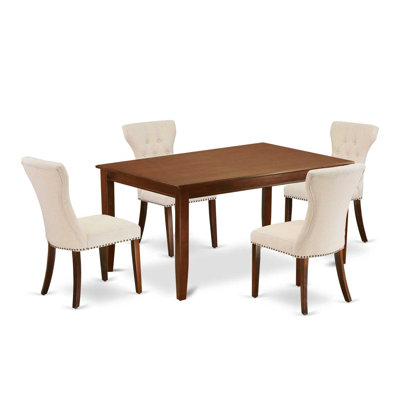5 Piece Dining Table Set for 4 Includes a Rectangle Kitchen Table and 4 Light Beige Linen Fabric Parson Dining Room Chairs, Mahogany