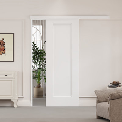 80"H 1-Panel Hidden Style Track White Sliding Barn Door With Installation Hardware Kit – Primed Surface, Hollow Core