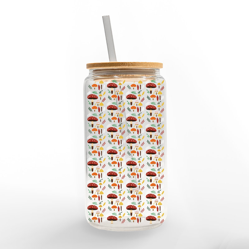 Tasse en verre à motif champignon avec couvercle et paille