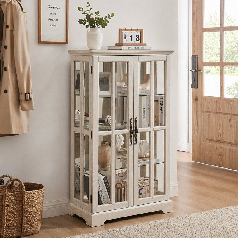 Armoire vitrée blanche à double porte en treillis, 3 tablettes réglables pour la cuisine, le salon, la chambre et le bureau
