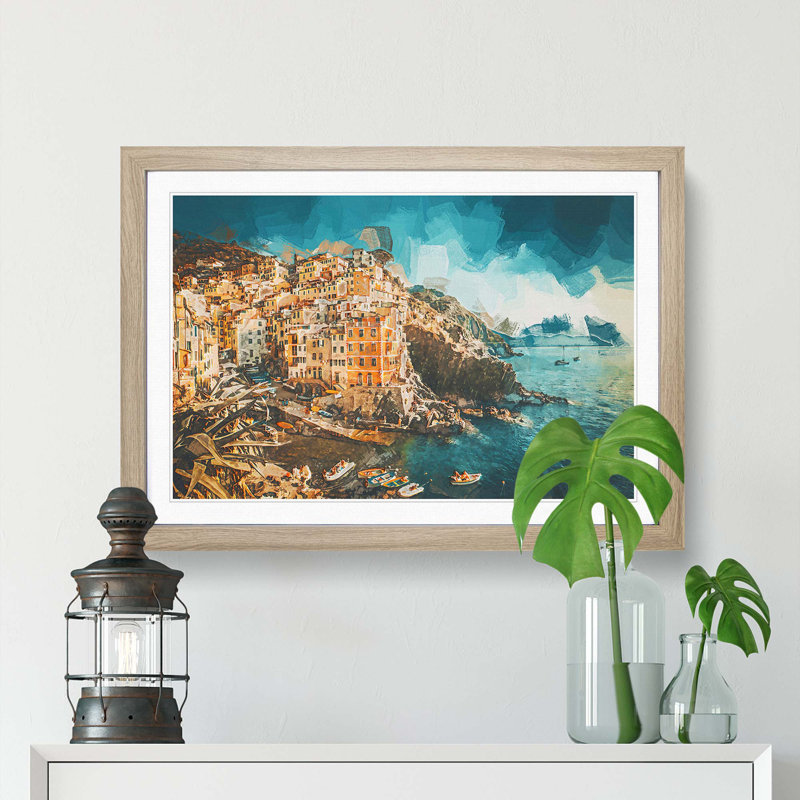 Riomaggiore Cinque Terre in Italy in Abstract - Framed Print, 40cm H x 60cm W x 2cm D, Oak