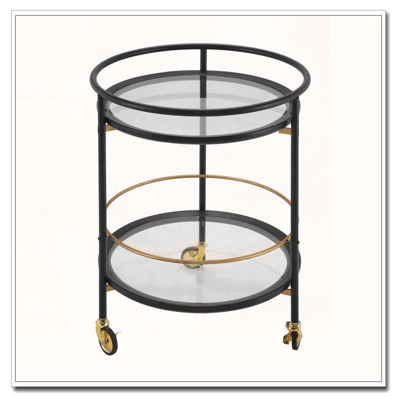 Chariot-bar rond avec tablettes en verre trempé et accents dorés, Noir, or