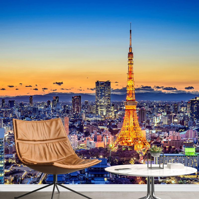 Tour de tokyo, néon, coucher de soleil pastel, paysage urbain, L 66 po x l 96 po