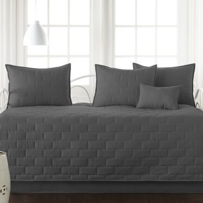 Southshore Fine Linens Brickyard Collection 6-Piece Daybed Set in Vilano Slate Grey, Lightweight Double-Brushed Microfiber Quilted Bedding Set with 3 Pillow Shams, Bed Skirt and Neck Pillow, Twin