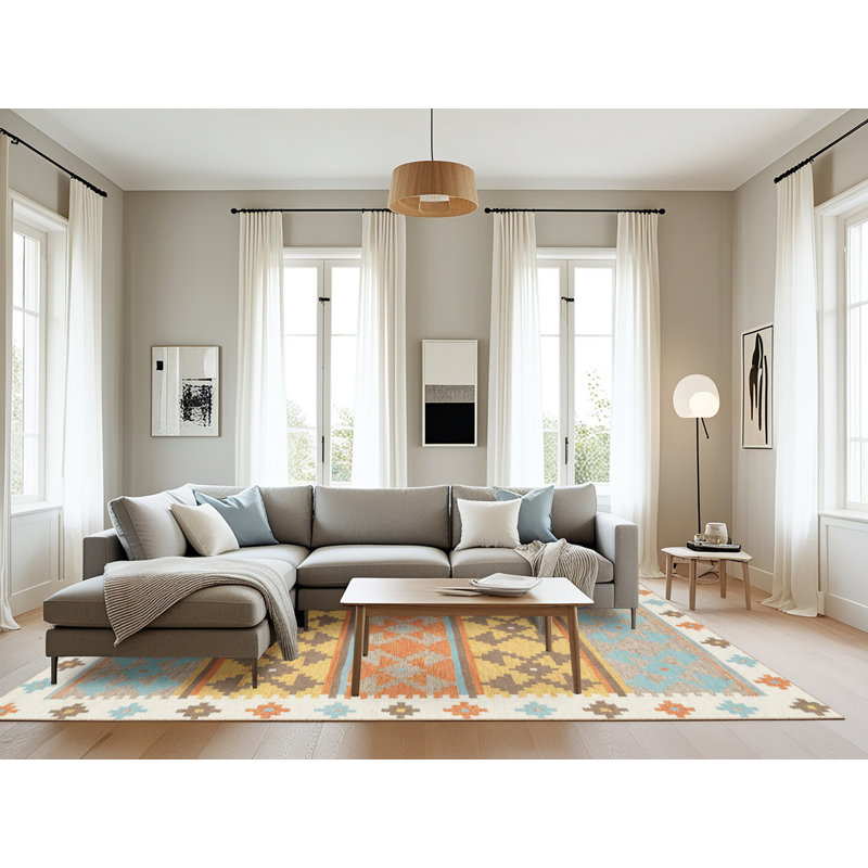Tapis contemporain bleu ciel / jaune, Rectangle 8 pi x 10 pi