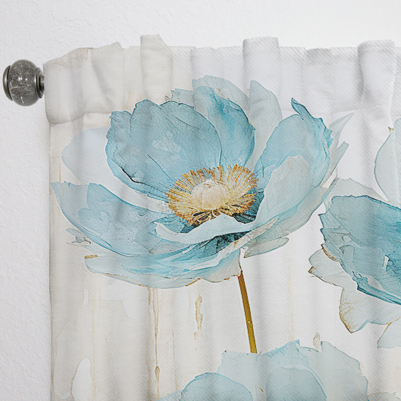 Nyah Blue And Grey Poppy Meadow - Poppies Curtain - Velvet Room Darkening - 1 panel, 52" W x 120" L