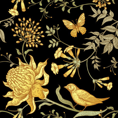 Panneau de papier peint 18,75 "x 25" Fleurs lisses et oiseaux sur fond foncé