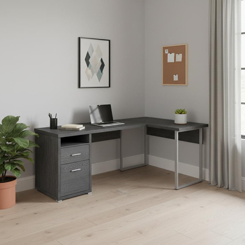 Bureau d'ordinateur en L 79 po avec deux tiroirs gris et argent
