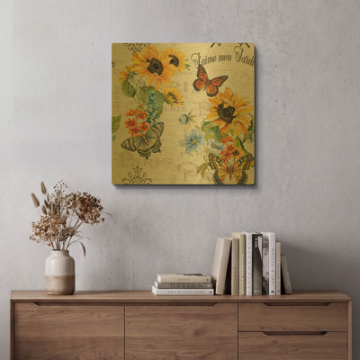 «Jaime mon jardin 9» par Jean Plout, art mural en métal doré, 24 po x 24 po