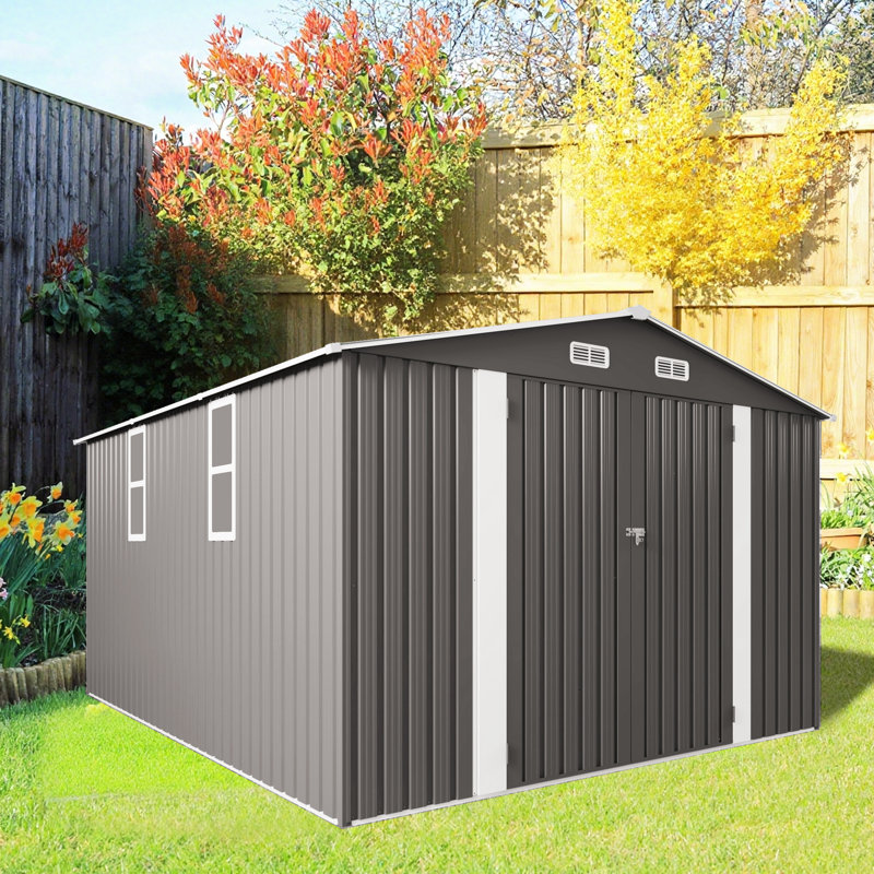 Remise de rangement extérieure grise en métal de 10 pi x 12 pi avec double porte et fenêtres
