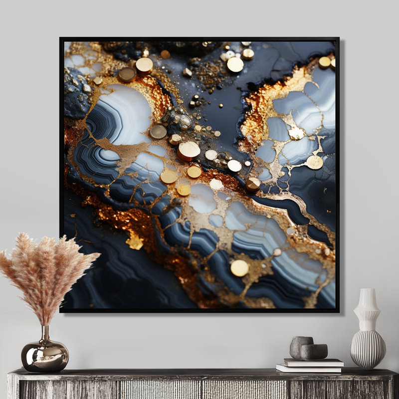 Décoration murale luxueuse en agate éclipse, blanc et bleu doré, H 16 po x l 16 po x P 1 po, Cadre flottant noir
