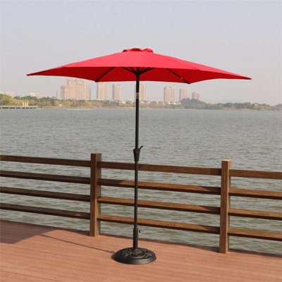 Parasol de patio extérieur en aluminium de 8,8 pieds, parasol de marché, parasol de marché avec base ronde en résine de 33 livres, inclinaison à bouton-poussoir et manivelle