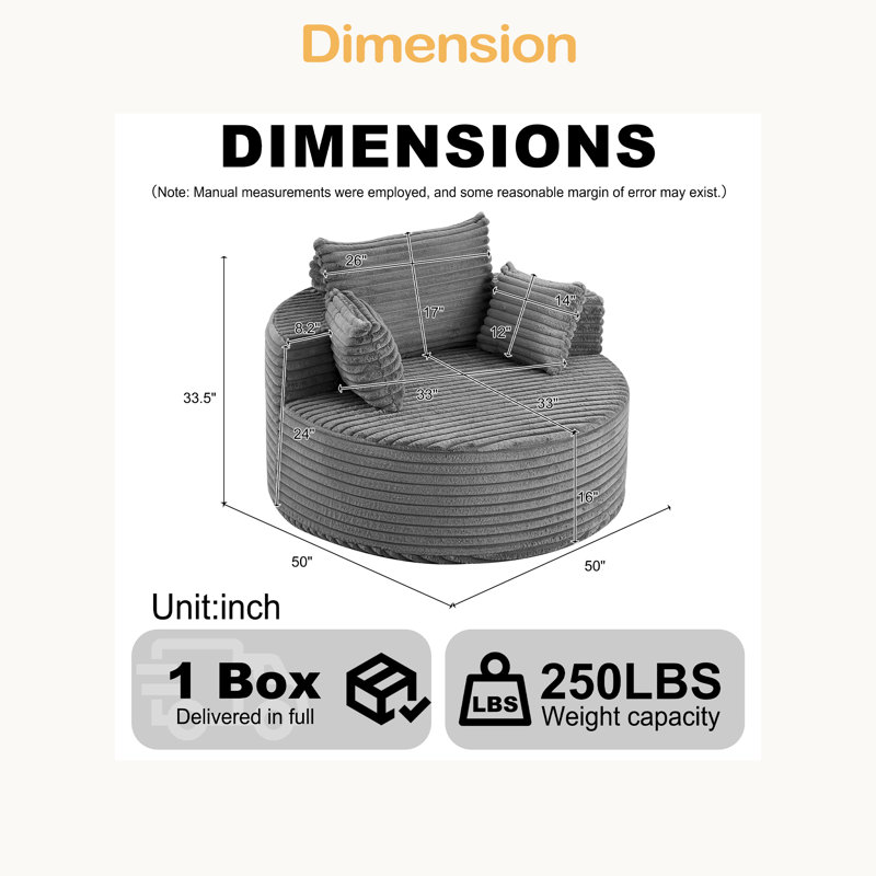 Canapé-lit simple en velours côtelé 50 po, sans assemblage requis, fauteuil moelleux moderne pour le salon, Gris