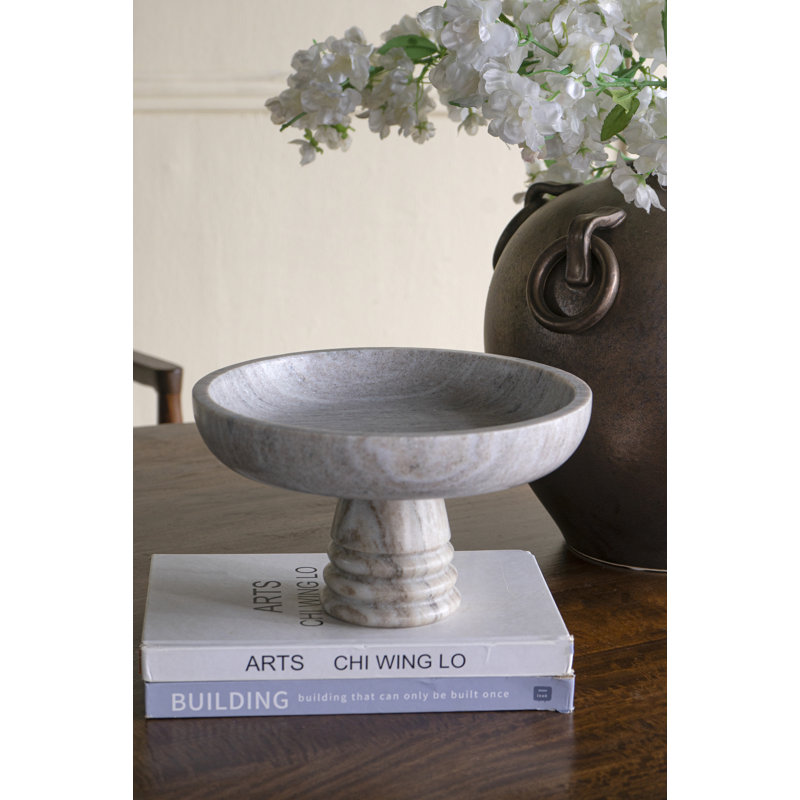 D10x6" Marble Pedestal Bowl With Natural Grey Finish And Ribbed Base