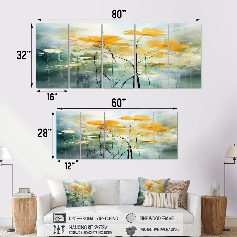 Edgardo - Buttercups, art mural 5 pièces, H 32 po x l 80 po