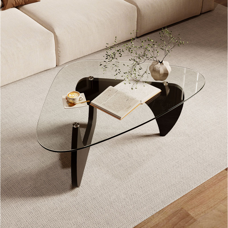 Table basse triangulaire en bois naturel avec plateau en verre trempé de 42,5 po x 28,5 po x 16,1 po pour le salon / la chambre à coucher / le bureau