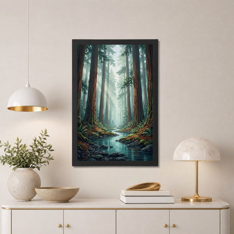 Art mural sur toile, "Misty Forest Stream" avec fougères ensoleillées, H 24 po x l 16 po