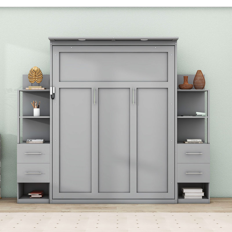 Lit escamotable en bois multi-fonctions, Gris, Grand lit