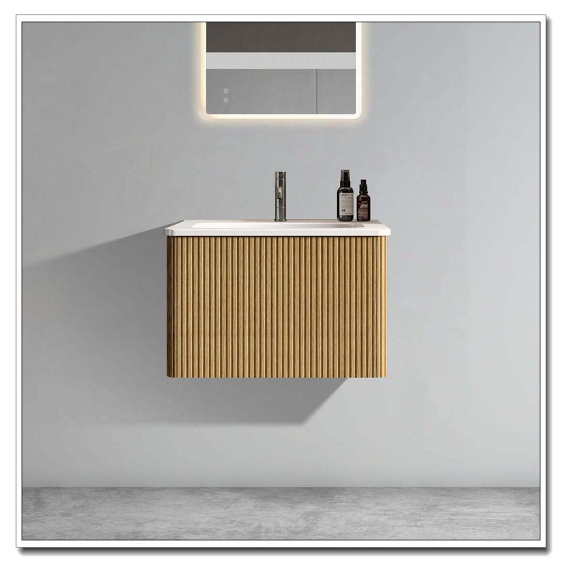 Meuble-lavabo mural flottant avec lavabo en céramique et tiroir à ouverture par pression pré-assemblé, Chêne