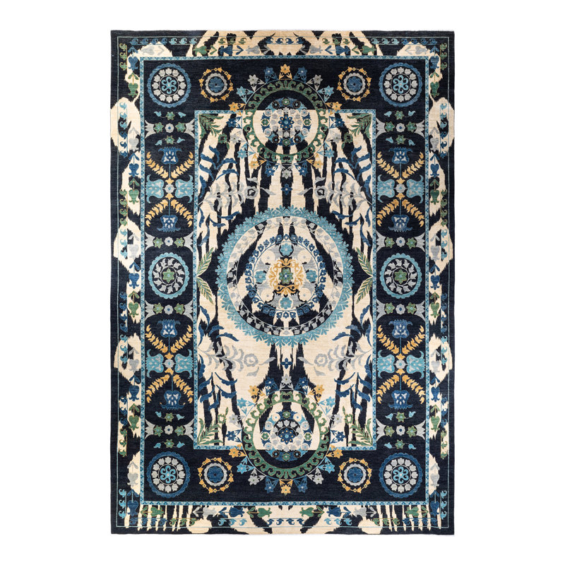 Tapis unique bleu marine / ivoire noué à la main 12 pi 2 po x 17 pi 7 po Tewksbury