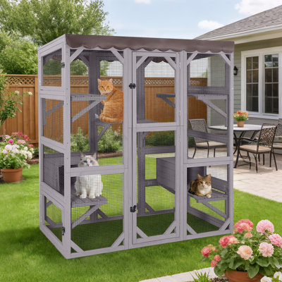 Large 70" Outdoor Cat Enclosurewith Walk-in Door, 7 Platforms, 2 Rest Boxes & Waterproof Roof – Connect To Window Or Pet Door For Indoor-outdoor Access