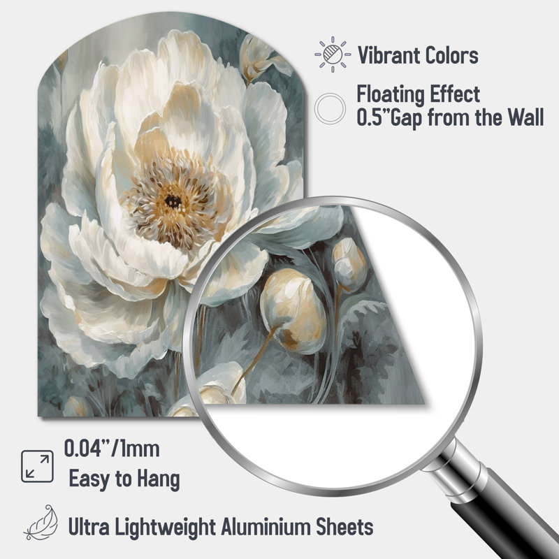 Blanc blanc et bleu pivoines symphonie II - pivoines asymétriques, art mural en métal, H 34 po x l 25 po
