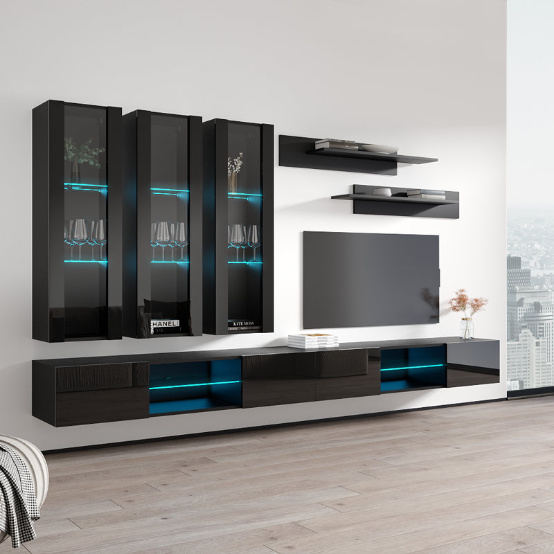 Ballina 126" Modern Floating Wall Mounted Entertainment Center with 16-Color LED Lighting, High Gloss Finish, Black