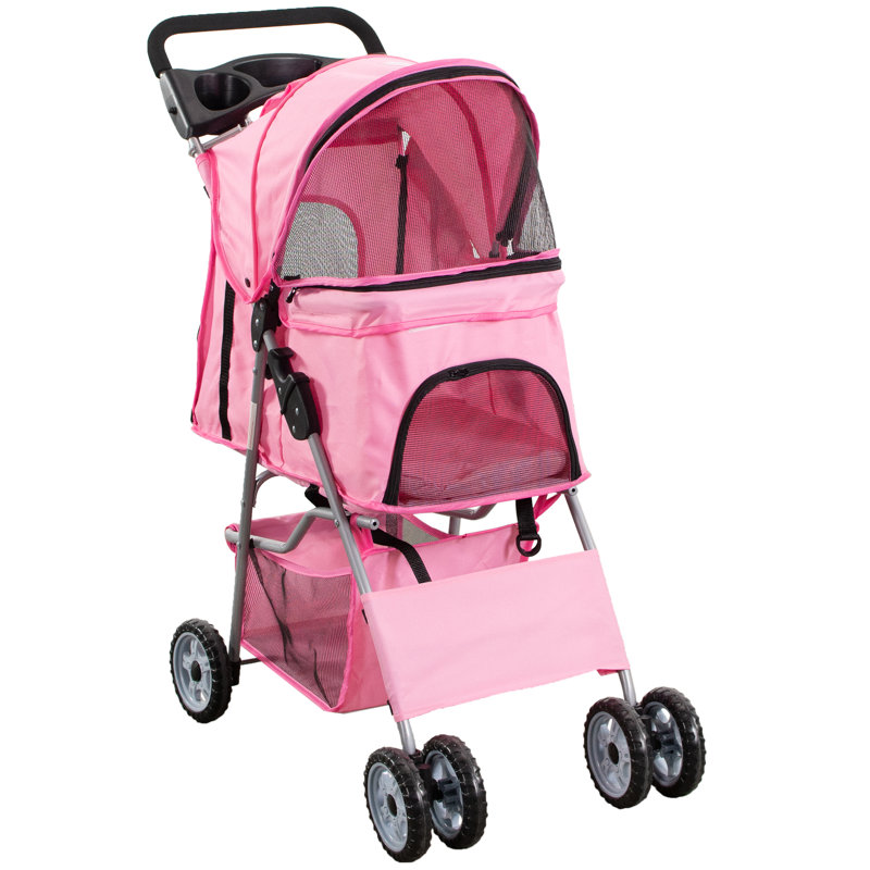 Pink Foldable Metal Pet Stroller with Mesh Windows