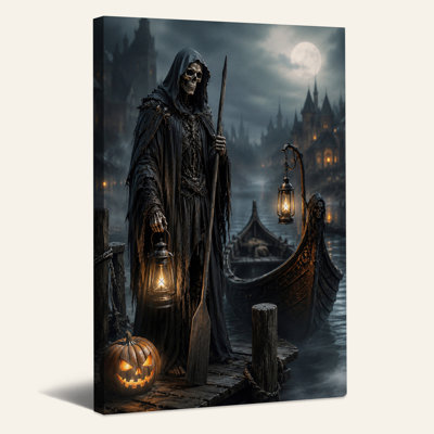 Toile d'Halloween au clair de lune avec lanterne et citrouille