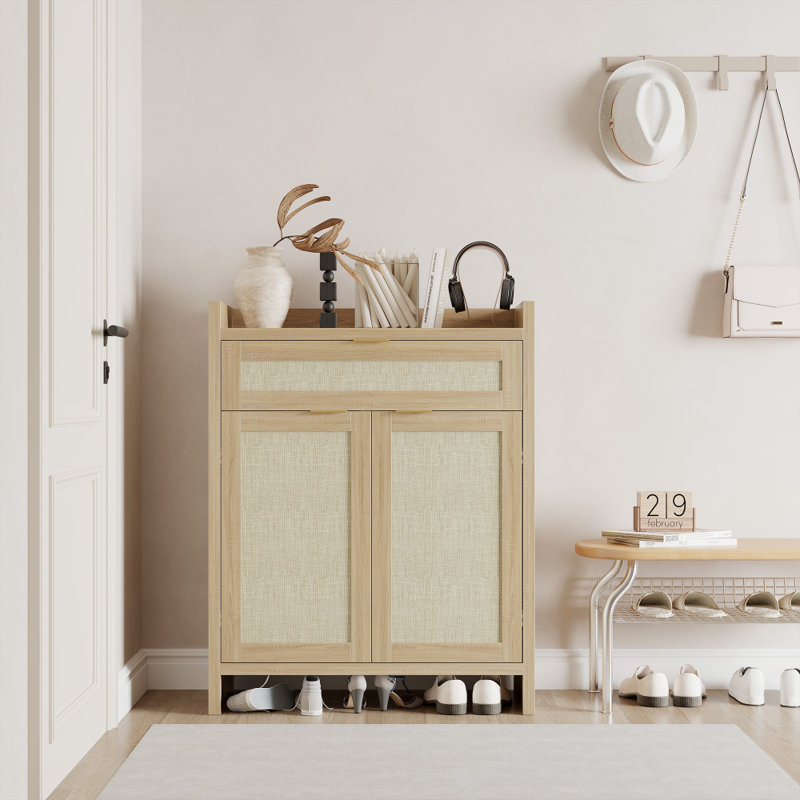 Shoe Cabinet, Wooden Storage Cabinet with Doors and Drawer, Rattan Buffet Cabinet Sideboard with Adjustable Shelf, Kitchen Cabinet Cupboard Console for Living Room, Entryway,