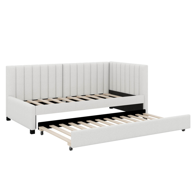 Twin Size Sofa Bed Upholstered Daybed With Trundle, Beige