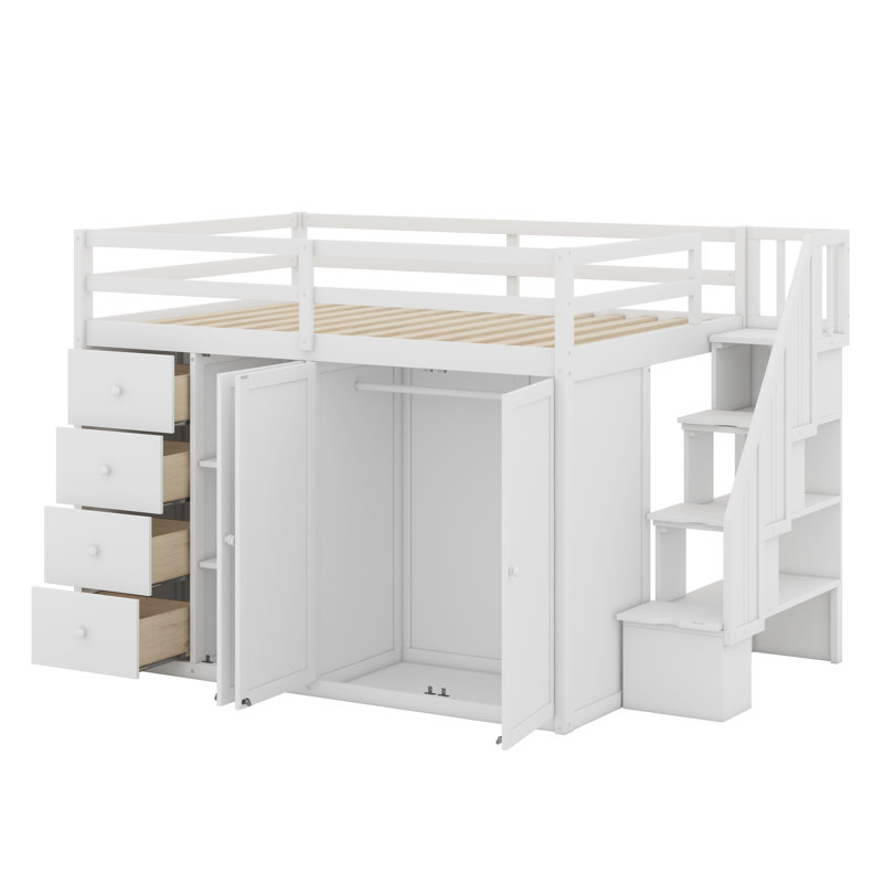 Lit mezzanine avec armoires encastrées, Blanc