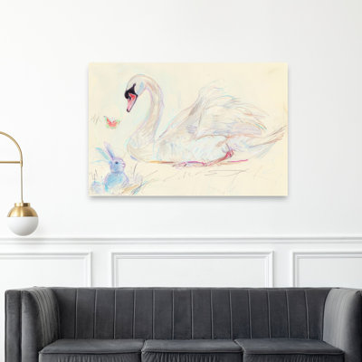Gentle Swan Rabbit Butterfly Contemporary Butterfly Bird Rabbit Forest Wall Art Print by Mathieu - Wrapped Canvas Print