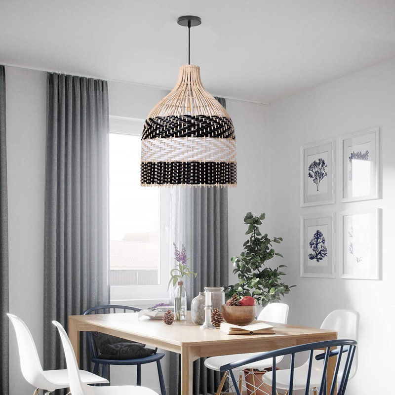 Luminaire suspendu en rotin pour îlot de cuisine, lampe de plafond moderne au design tissé noir et blanc, lustre à hauteur réglable