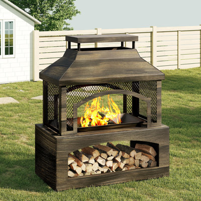Wood & Charcoal Burning Outdoor Fireplace - 32.28'' Steel Fire Pit with Log Storage, Spark Screen, and Poker Included