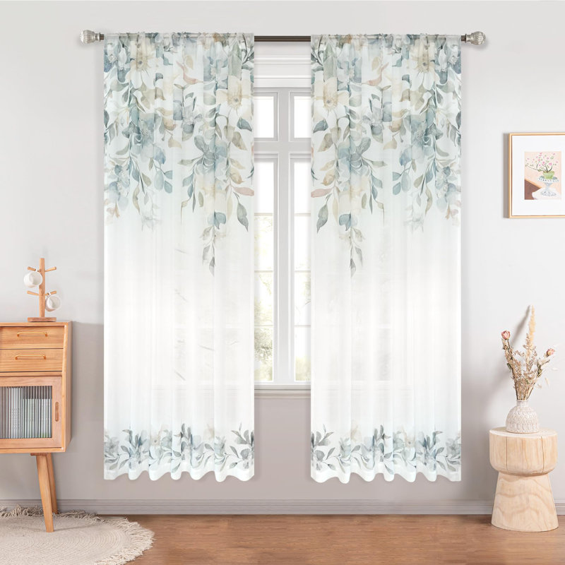 Paire de rideaux transparents Rennee Ployester, L 52 po x L 63 po, Blanc/vert